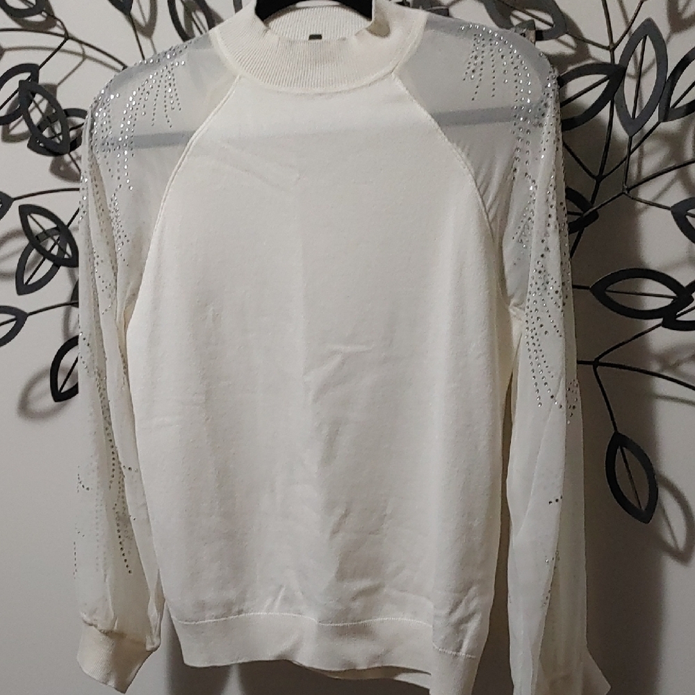 Adrianna Papell Cream Boxy Embellished Sweatshirt